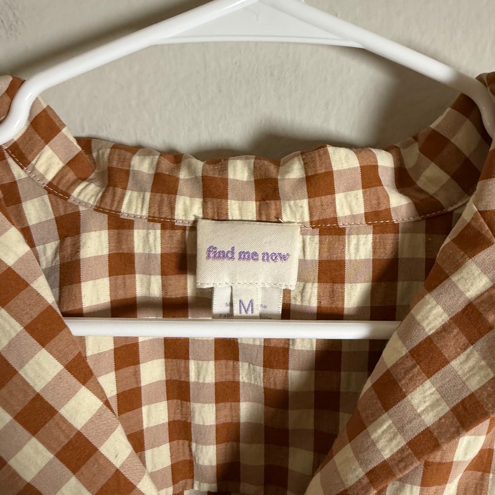 Find Me Now Womens Brown Gingham Cropped Short Sleeve Button Down Shirt Size M - Picture 2 of 5